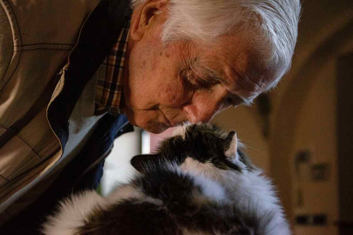 uomo anziano da un bacio ad un gatto